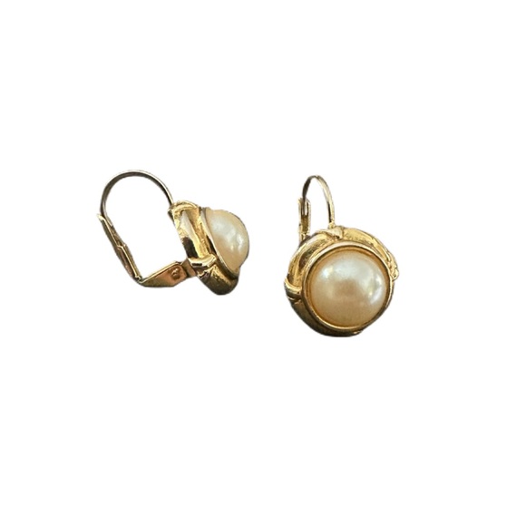 NAPIER Vintage Faux Pearl Lever Back Earrings - Gold T… - Picture 3 of 4